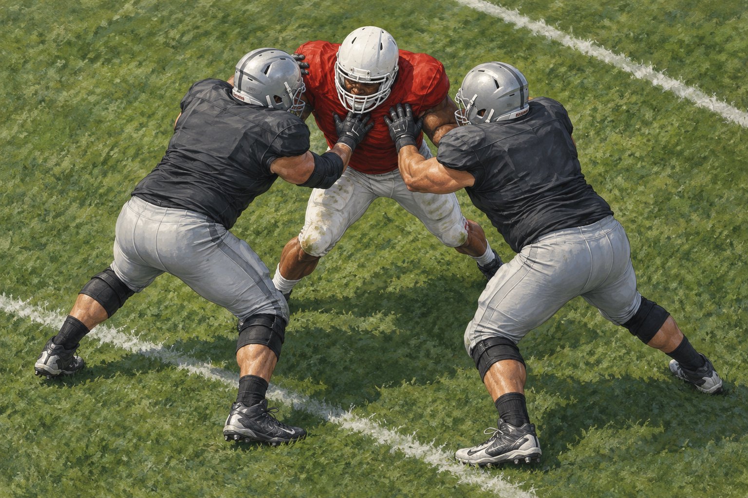 Conceptual illustration from an elevated angle of a football defender in red facing two blockers in charcoal.