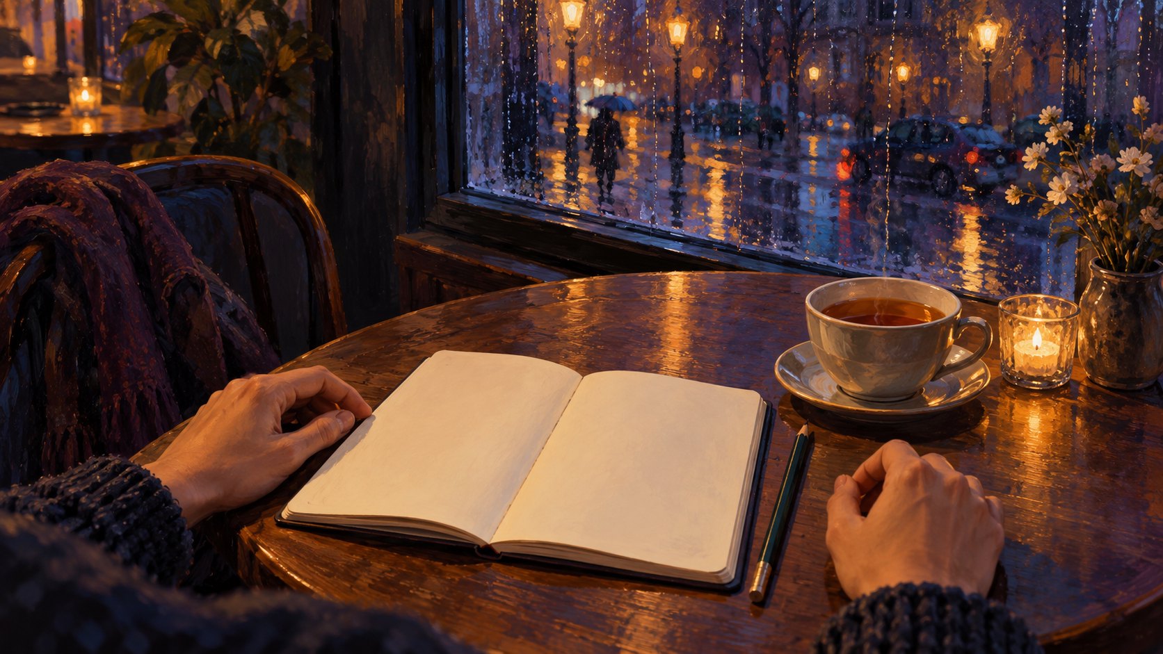雨夜咖啡桌上的空白筆記本、鉛筆與茶杯，呈現映後整理感受的原創情境插畫