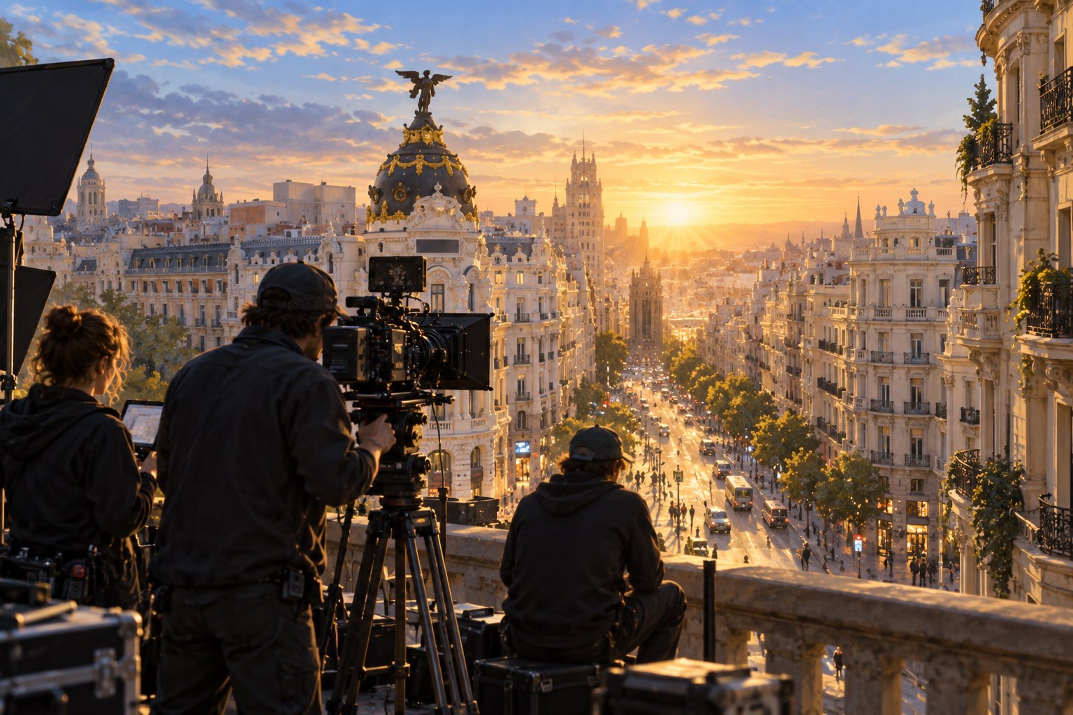 Editorial illustration of a film crew and cinema camera overlooking a Madrid-inspired boulevard at sunrise.