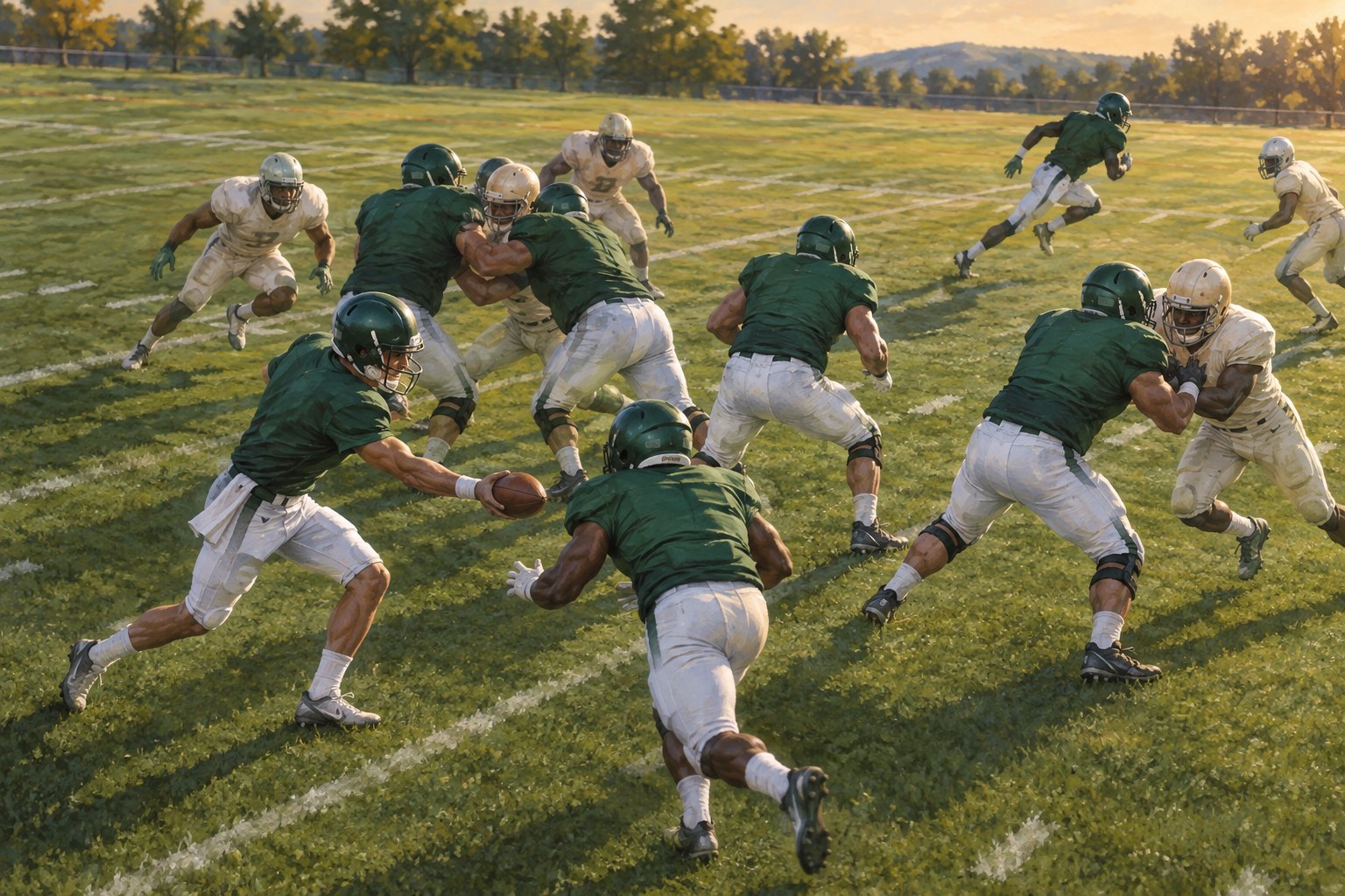 Conceptual illustration of a quarterback extending the football toward a running back while linemen engage defenders on a sunlit practice field.