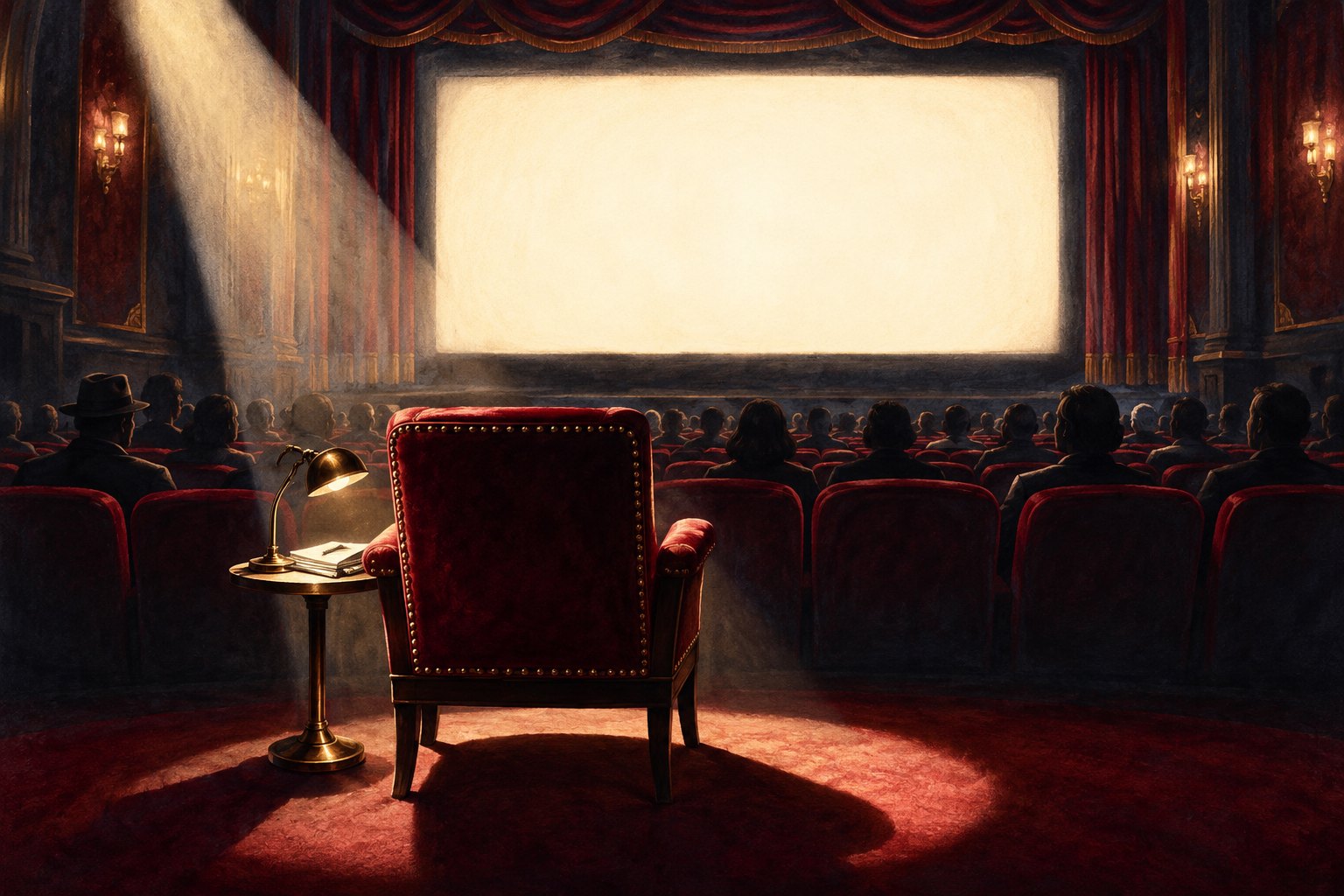 Conceptual illustration of a spotlighted empty chair in a red cinema with a glowing blank screen and audience silhouettes.