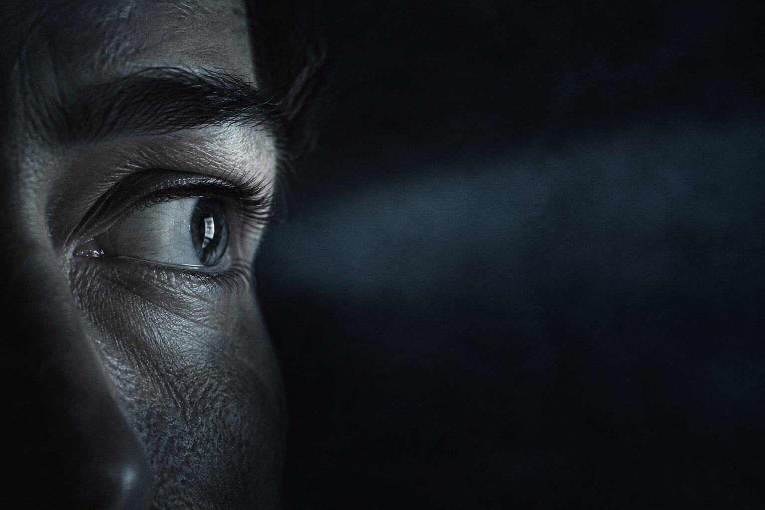 Conceptual close-up of an anonymous person's eye catching a rectangular reflection beside deep blue shadow.