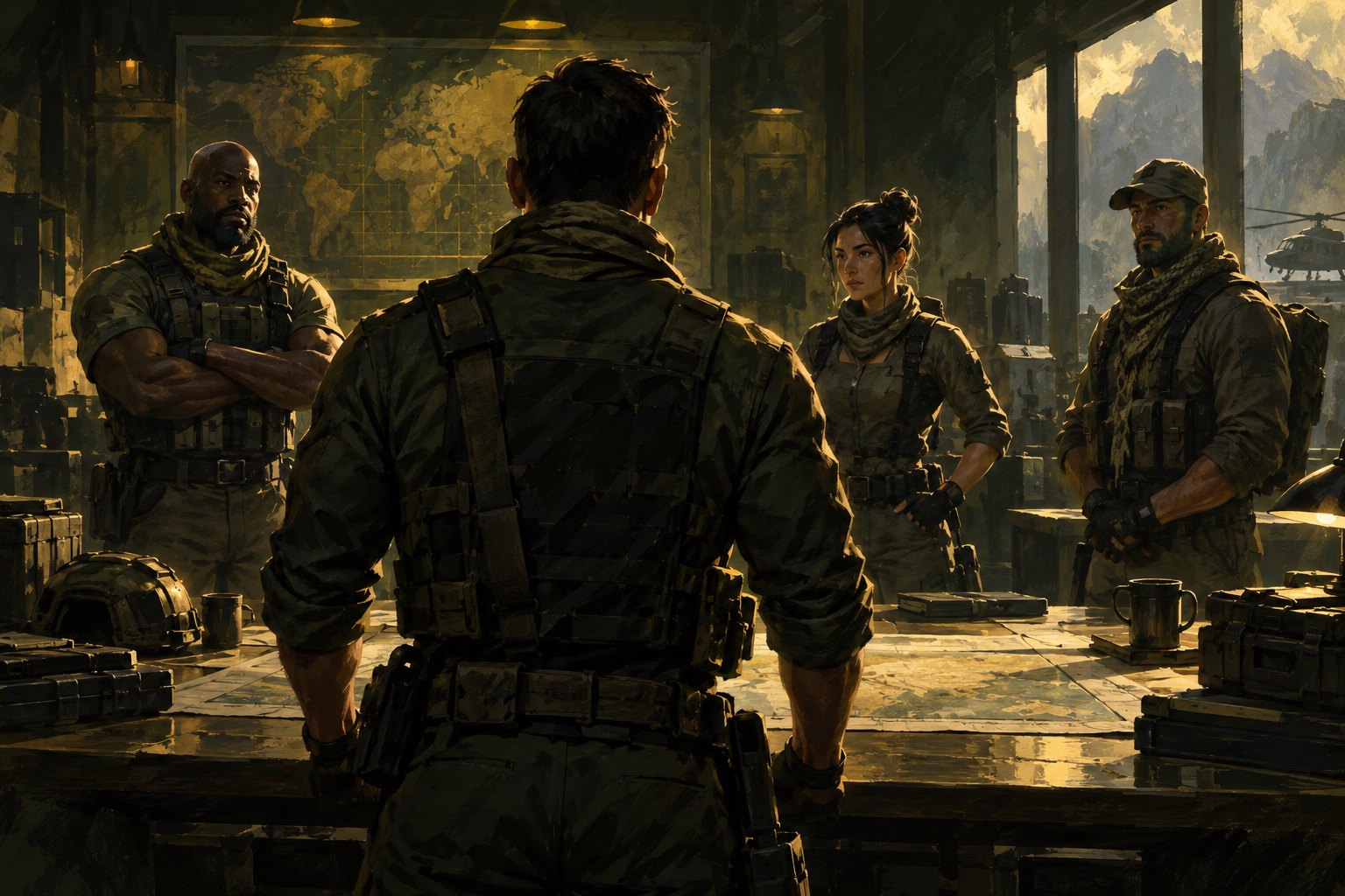 Conceptual editorial illustration of a military leader facing three teammates across a shadowy briefing room.