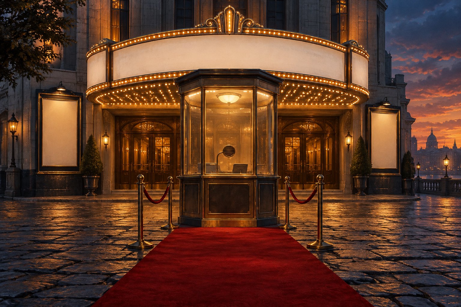 Conceptual illustration of an illuminated cinema ticket booth and a red carpet crossing uneven paving stones at dusk.