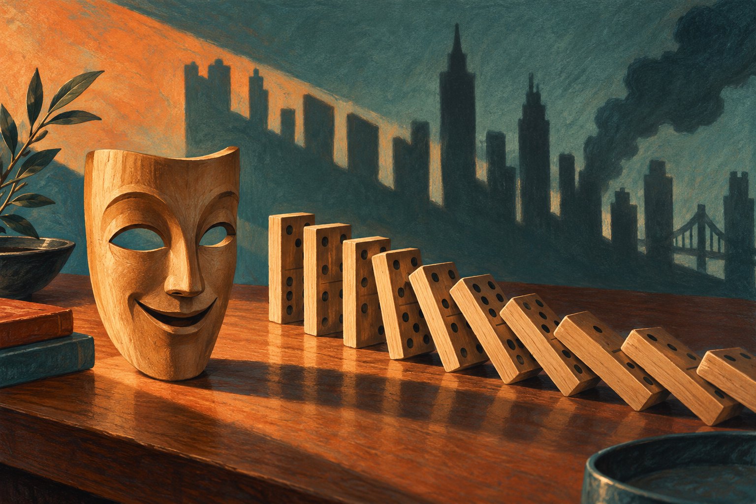 Conceptual illustration of a wooden comedy mask beside falling dominoes, with a city skyline in the background.