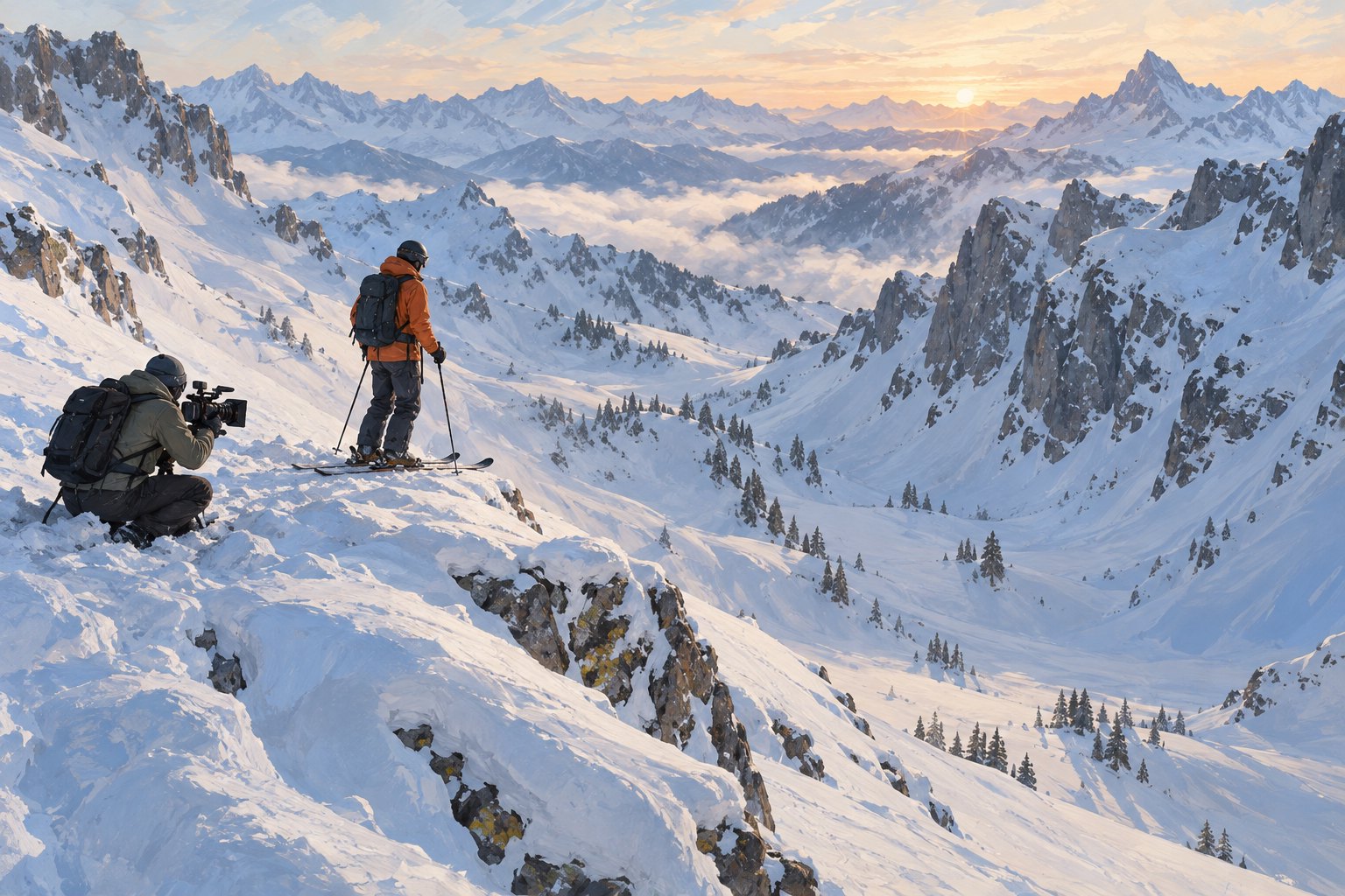 Editorial illustration of a skier surveying an alpine bowl while a camera operator films from a snowy ridge.