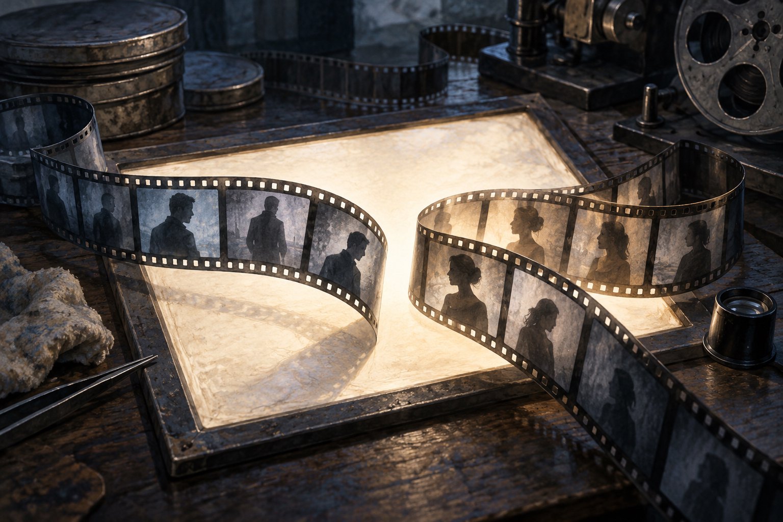 Conceptual illustration of curling film strips with human silhouettes spread across an illuminated editing table.