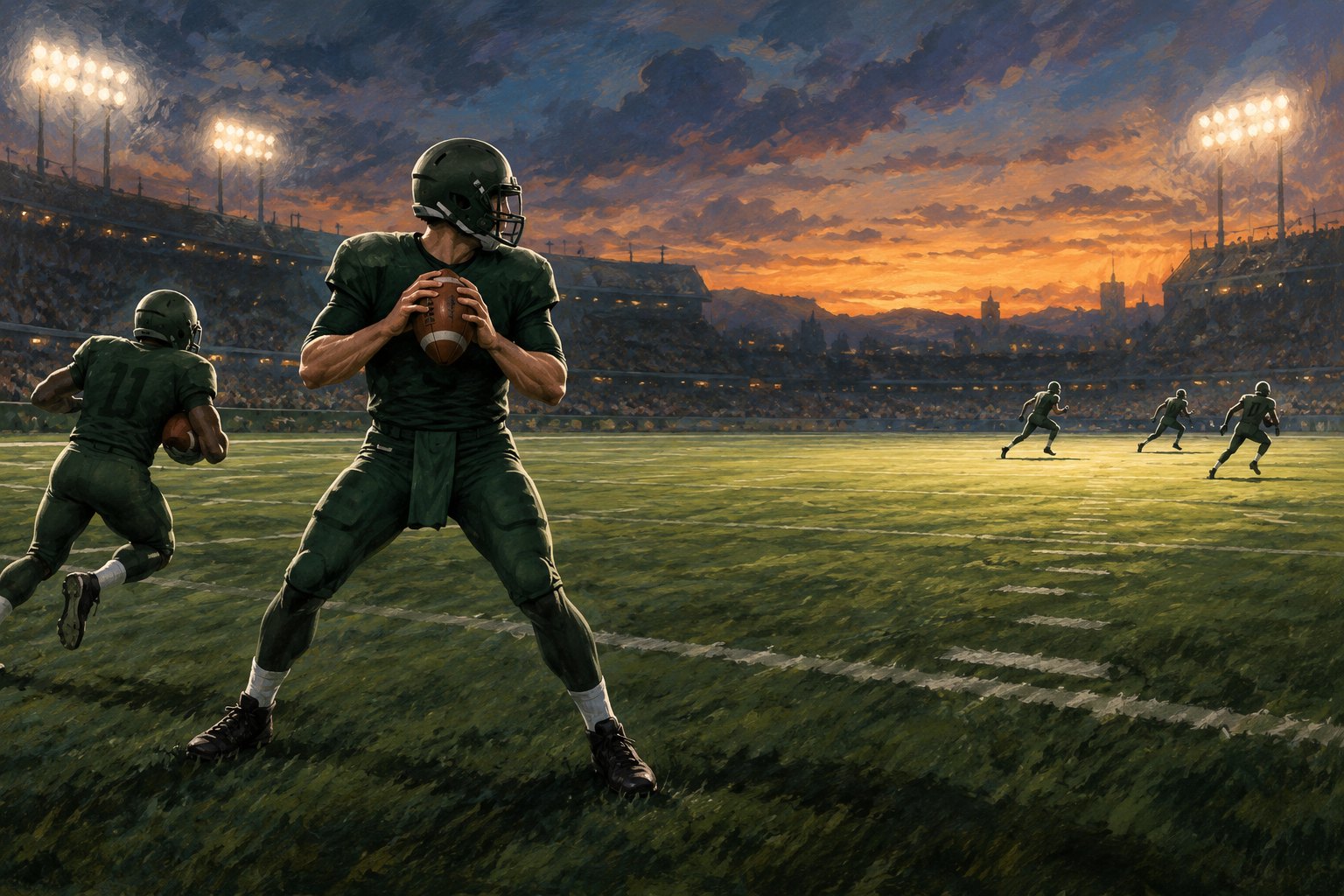 Conceptual illustration of a quarterback holding a football as teammates spread across a stadium field at sunset.