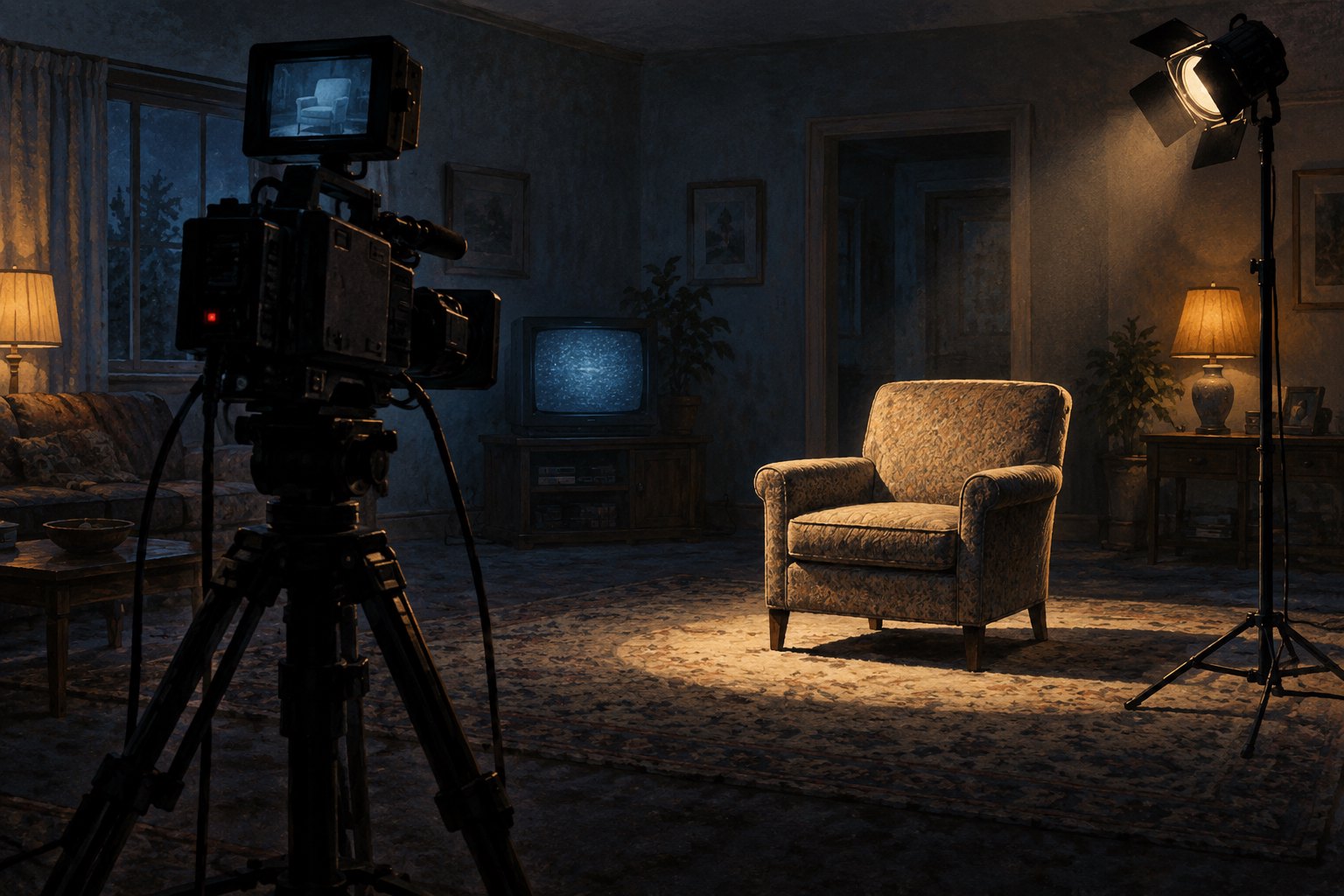 Conceptual illustration of a broadcast camera aimed at an empty armchair under studio lighting in a dark living room.