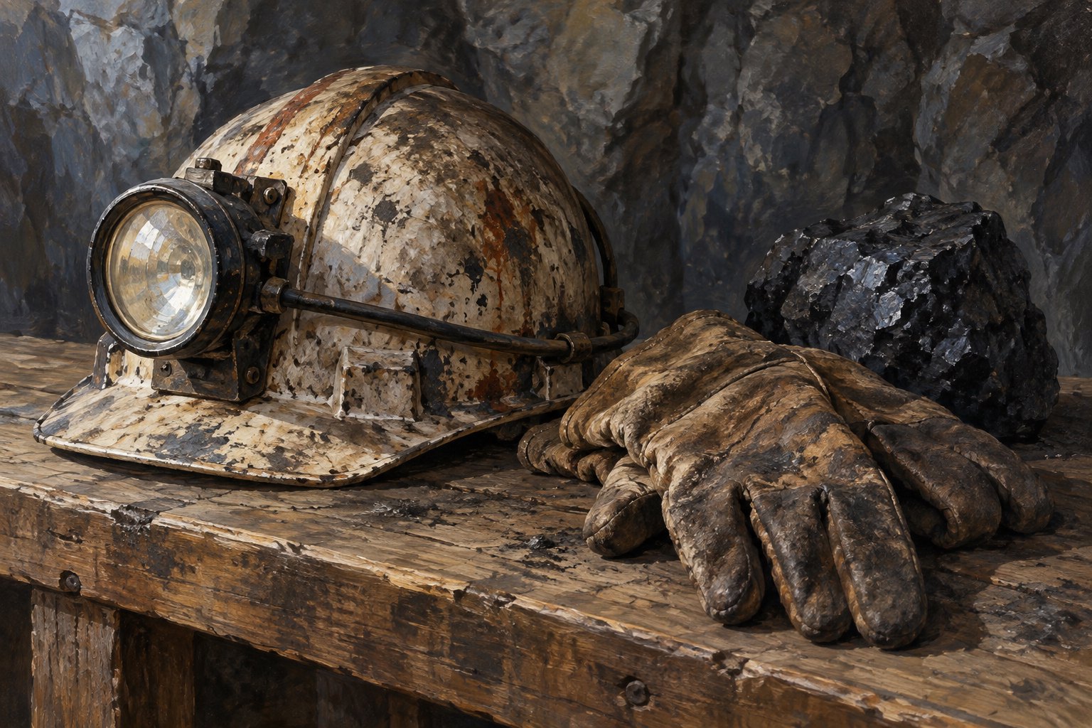 Conceptual illustration of a worn miner’s helmet, work gloves, and coal on a wooden bench.