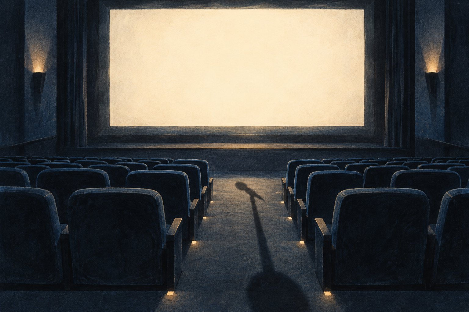 Conceptual illustration of an empty cinema with a glowing blank screen and a microphone-shaped shadow across the aisle.