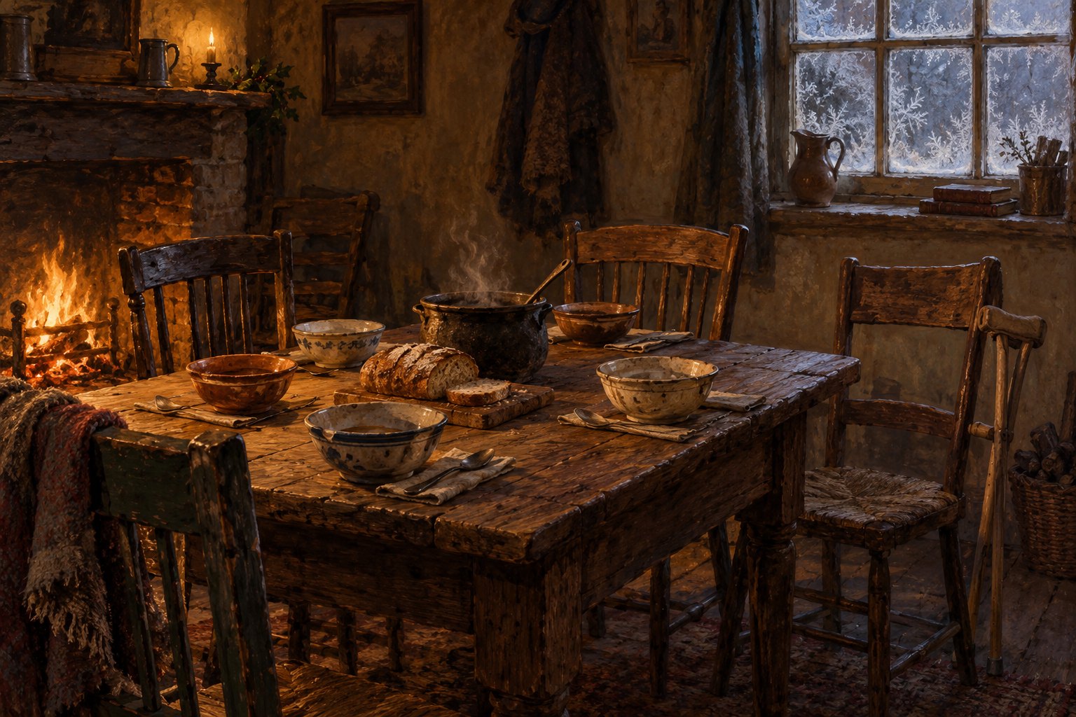 Literary illustration of a modest Victorian dining table with bread, bowls, and a steaming pot beside a winter window.