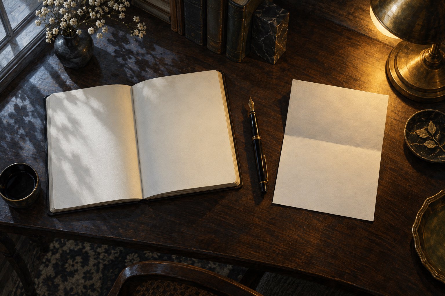 An open blank notebook and a folded sheet of paper lie beside a fountain pen under contrasting cool and warm light.