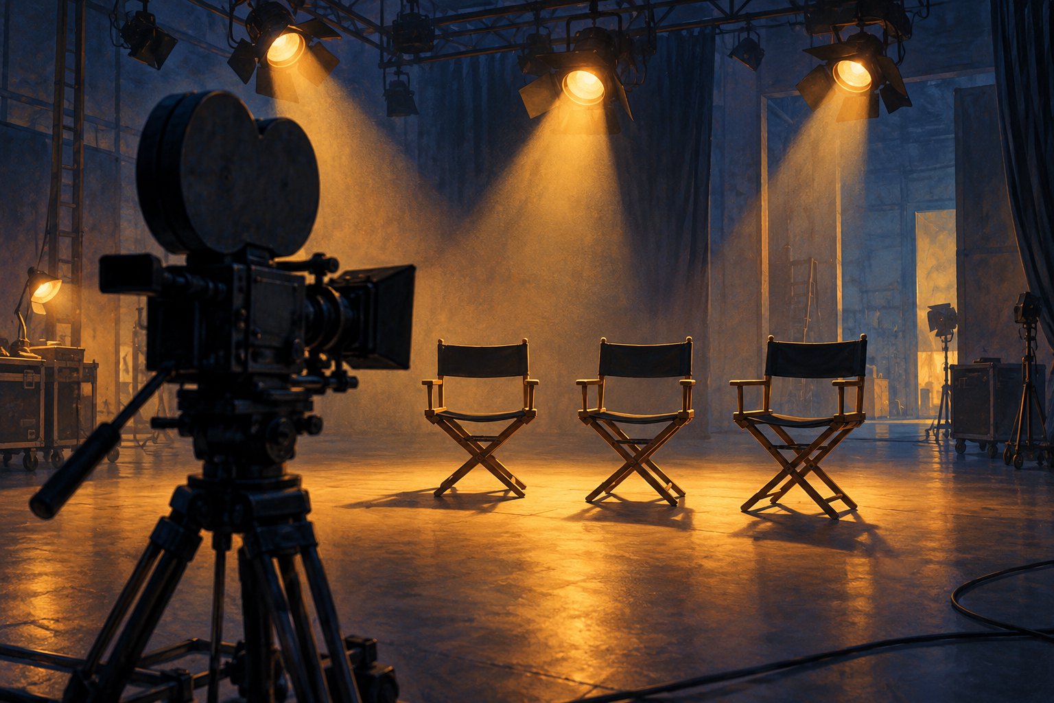 Editorial illustration of three empty chairs under amber studio lights with a movie camera in the foreground.