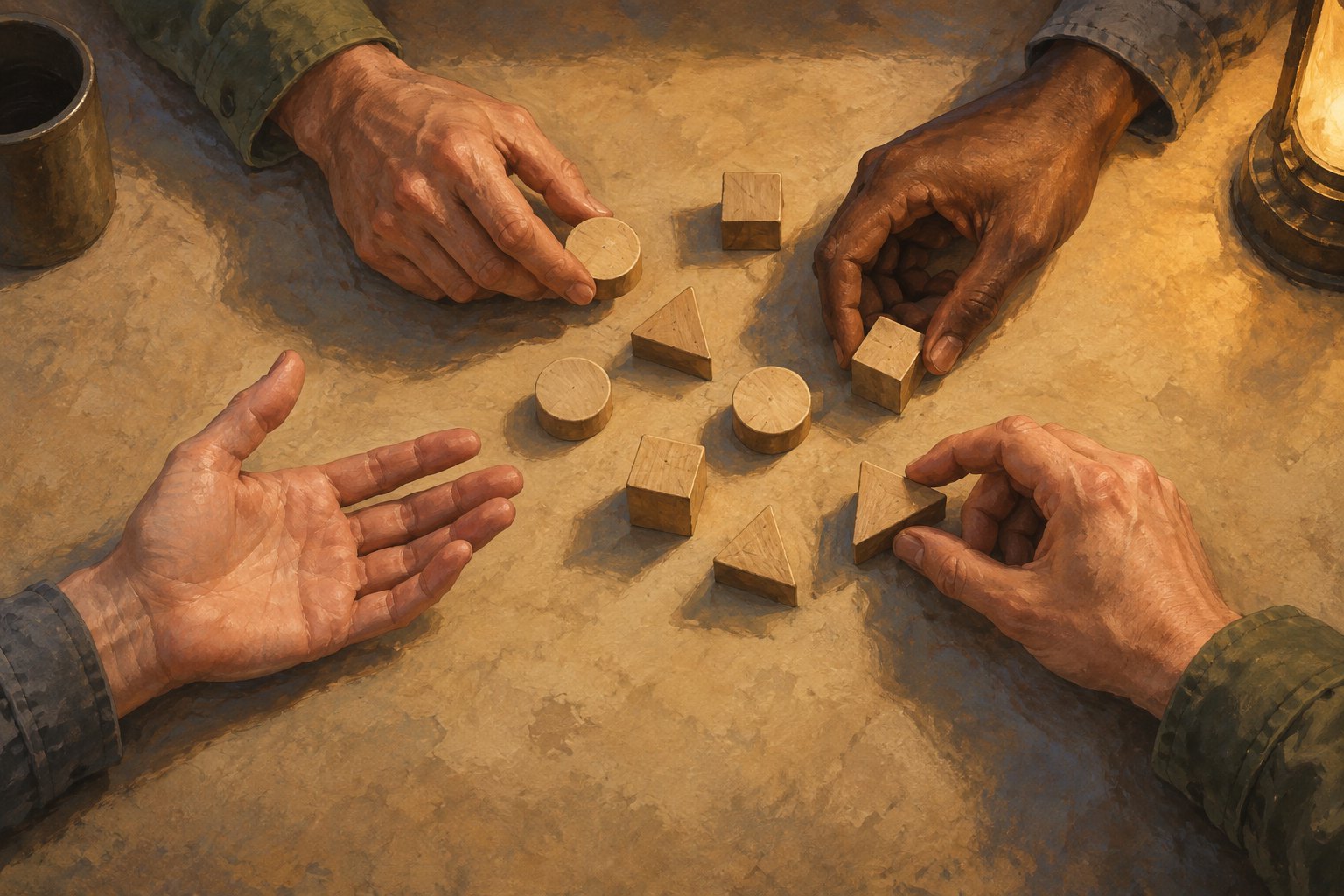 Conceptual editorial illustration of four hands arranging wooden pieces together on a lamplit tabletop.