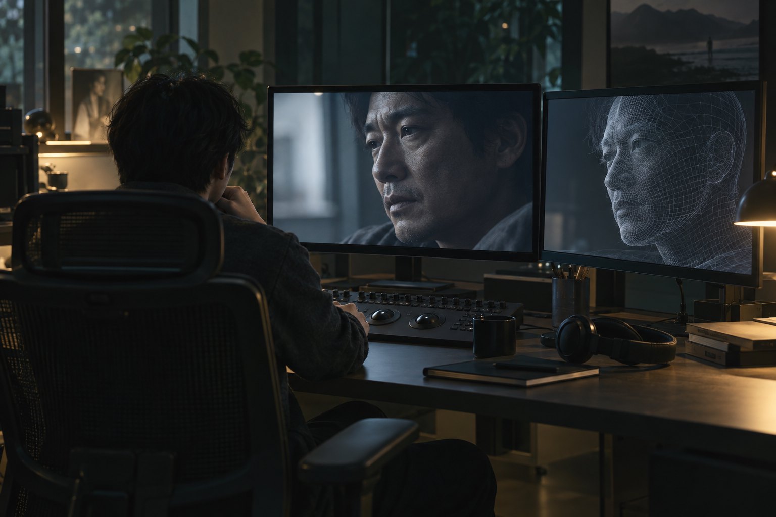 剪辑师对照观看人物表情与面部线框图，呈现技术处理与表演情绪关系的概念画面