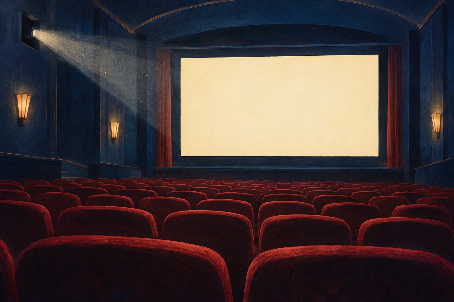 Painterly illustration of an empty movie theater with burgundy seats facing a glowing blank screen.