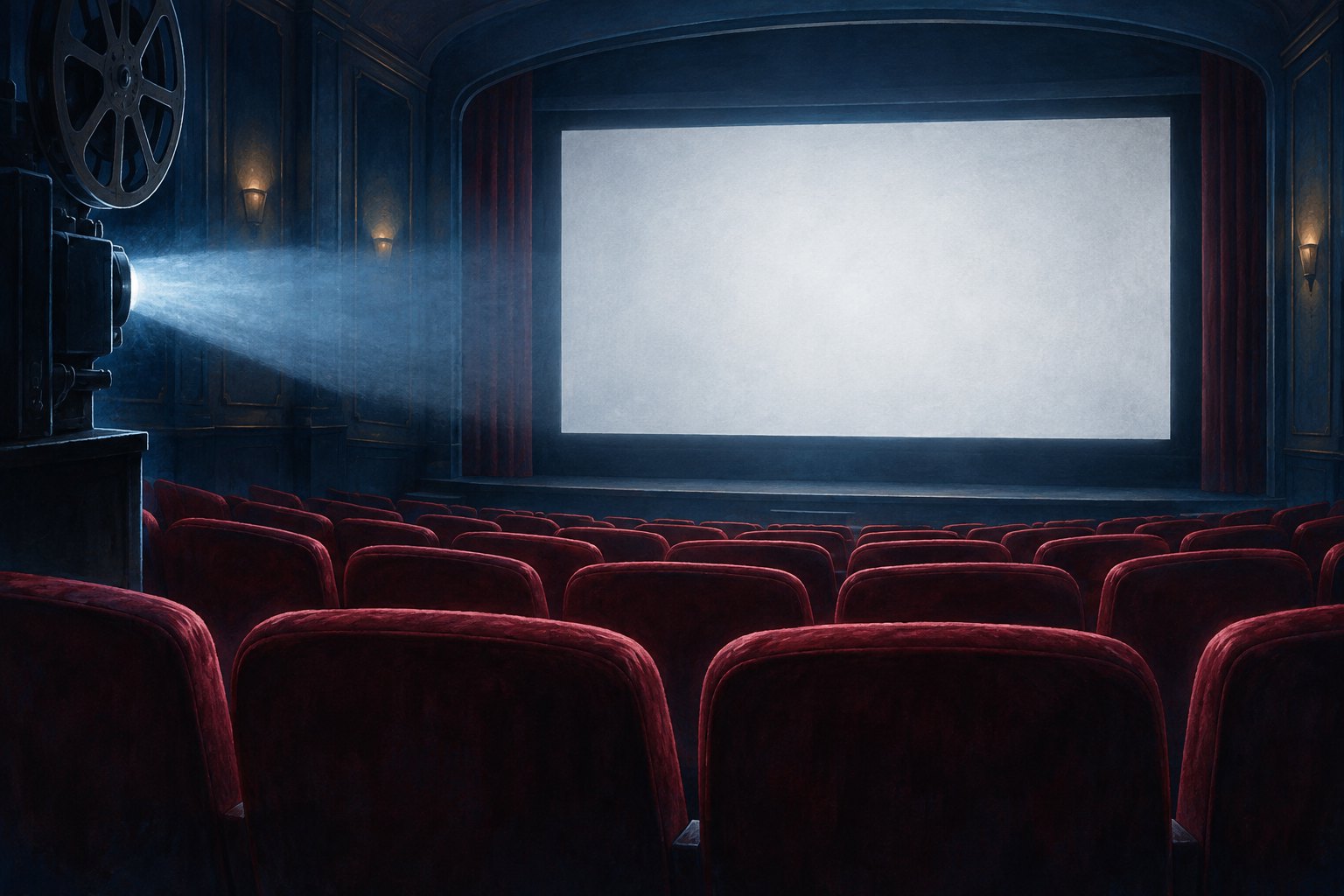 Editorial illustration of an empty cinema with burgundy seats and a projector illuminating a blank screen.