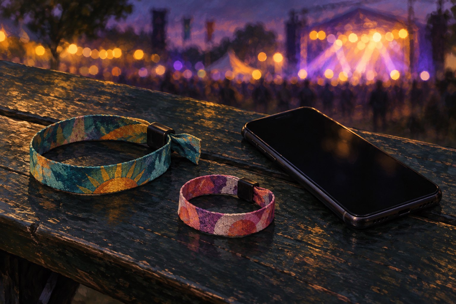 Conceptual illustration of two festival wristbands beside a dark smartphone on a bench, with concert lights in the distance.