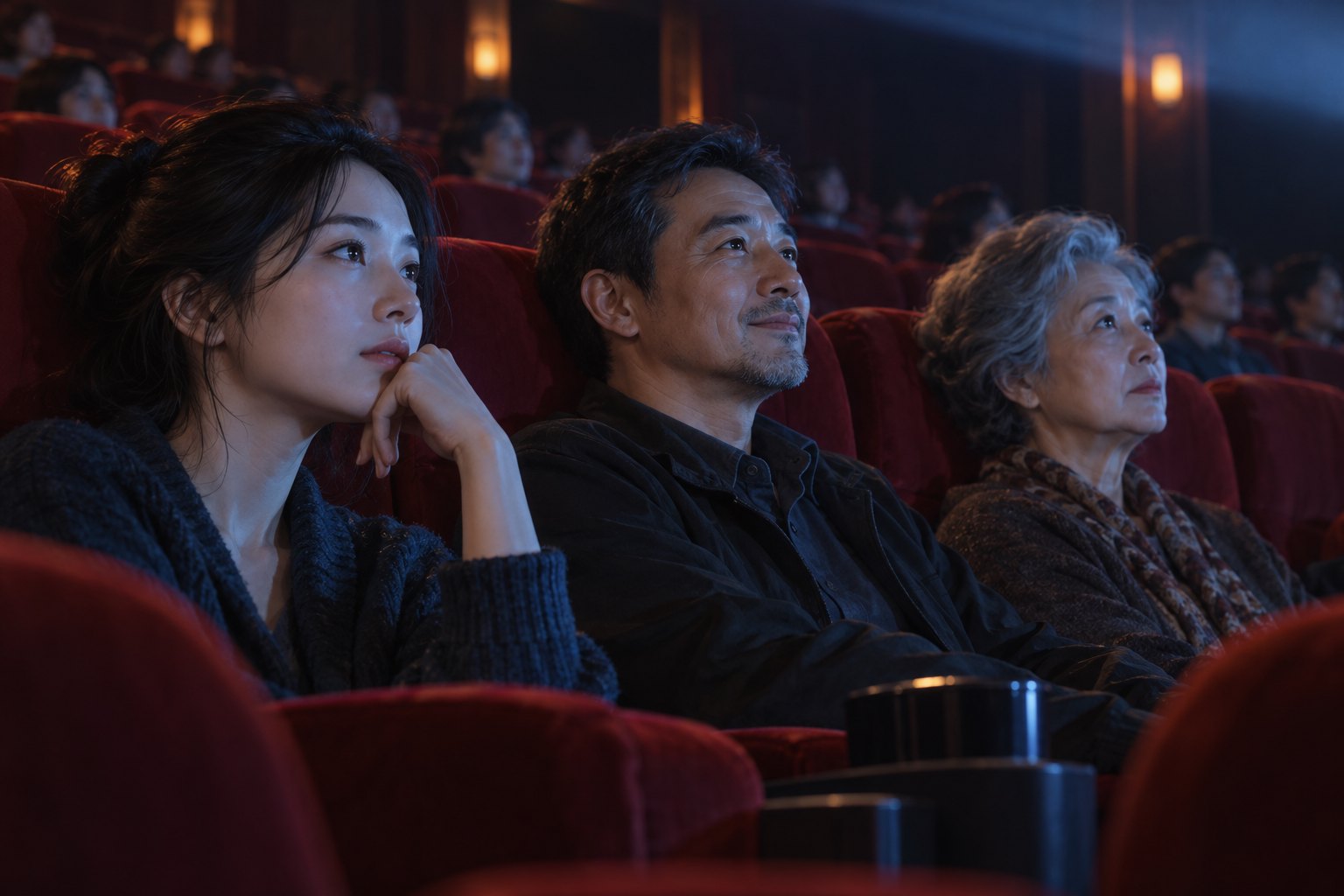 不同年龄的观众坐在深红色影院座椅上，银幕光映出各自专注神情的主题插画