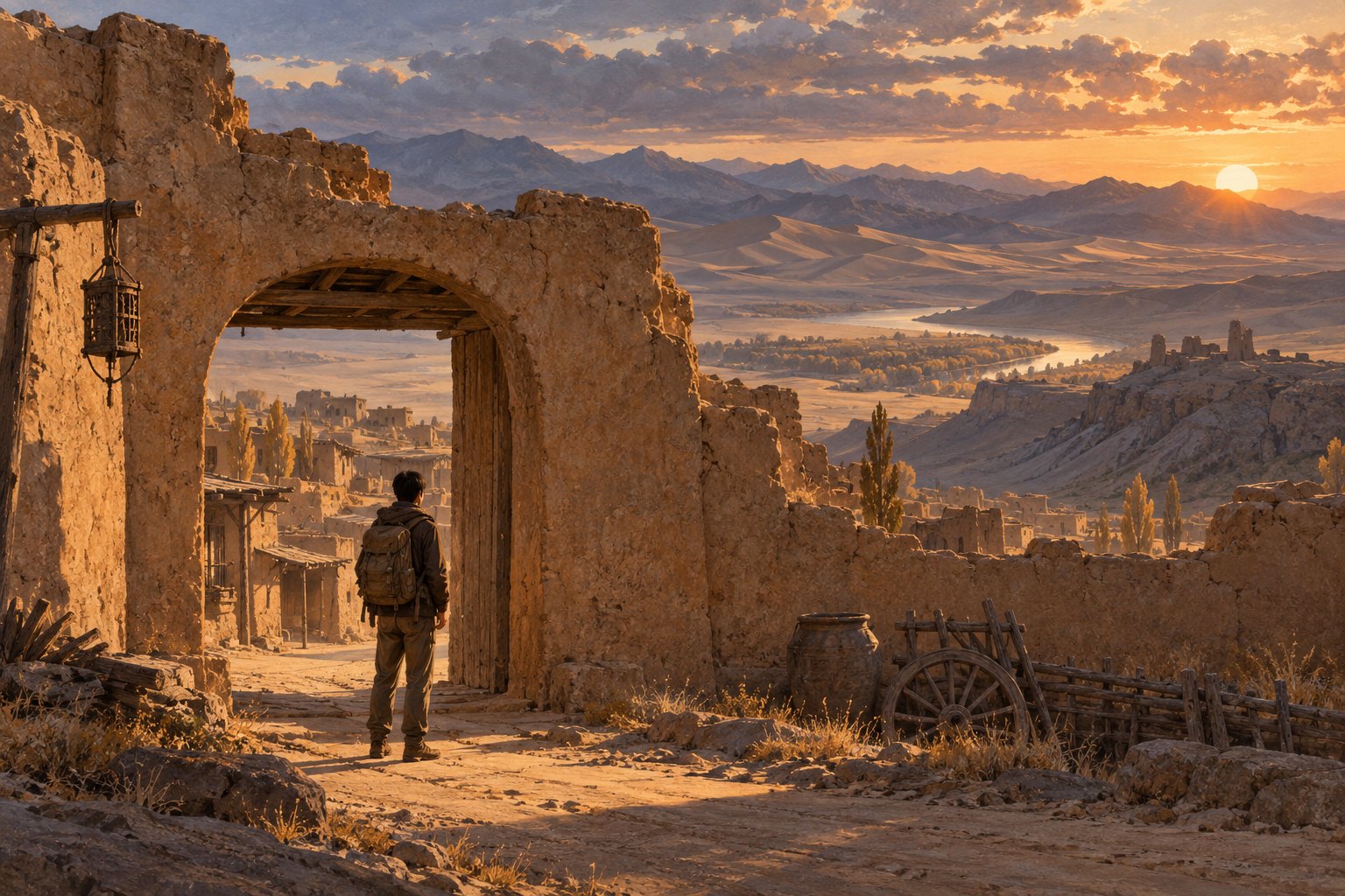 宁夏影视漫游意象插画:背包旅人站在夕阳下的夯土门洞前,远处铺展着山地与沙色原野,并非景区实景