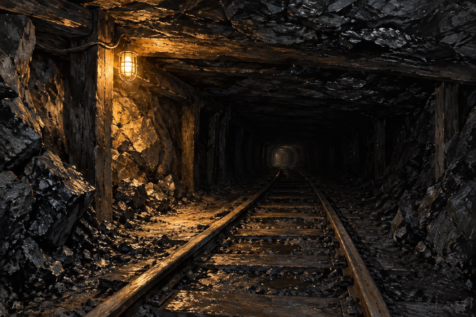 Conceptual illustration of railway tracks disappearing into a dark coal tunnel beneath a warm utility lamp.