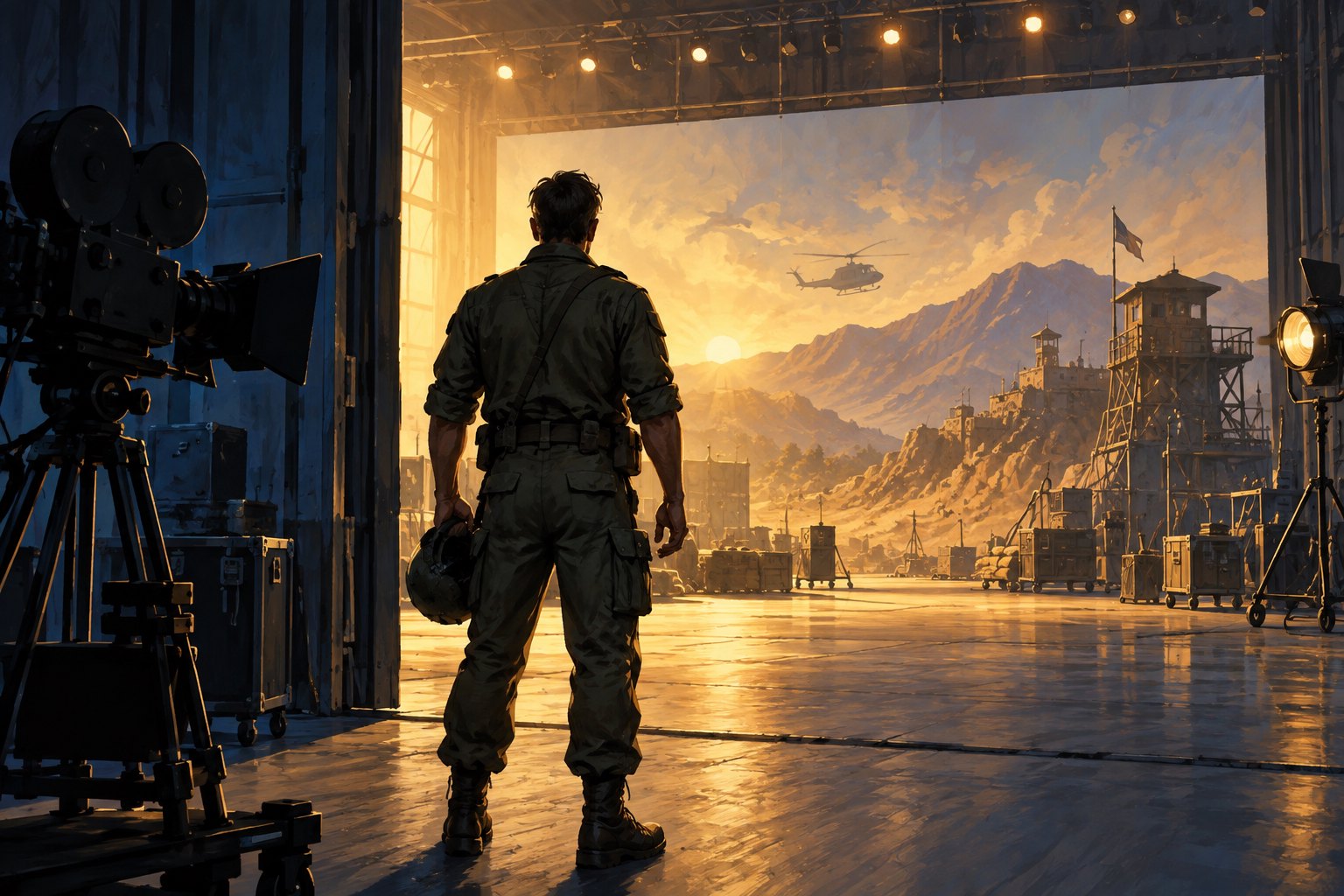 Conceptual illustration of a military figure facing a golden-lit movie set, with a film camera in the foreground.
