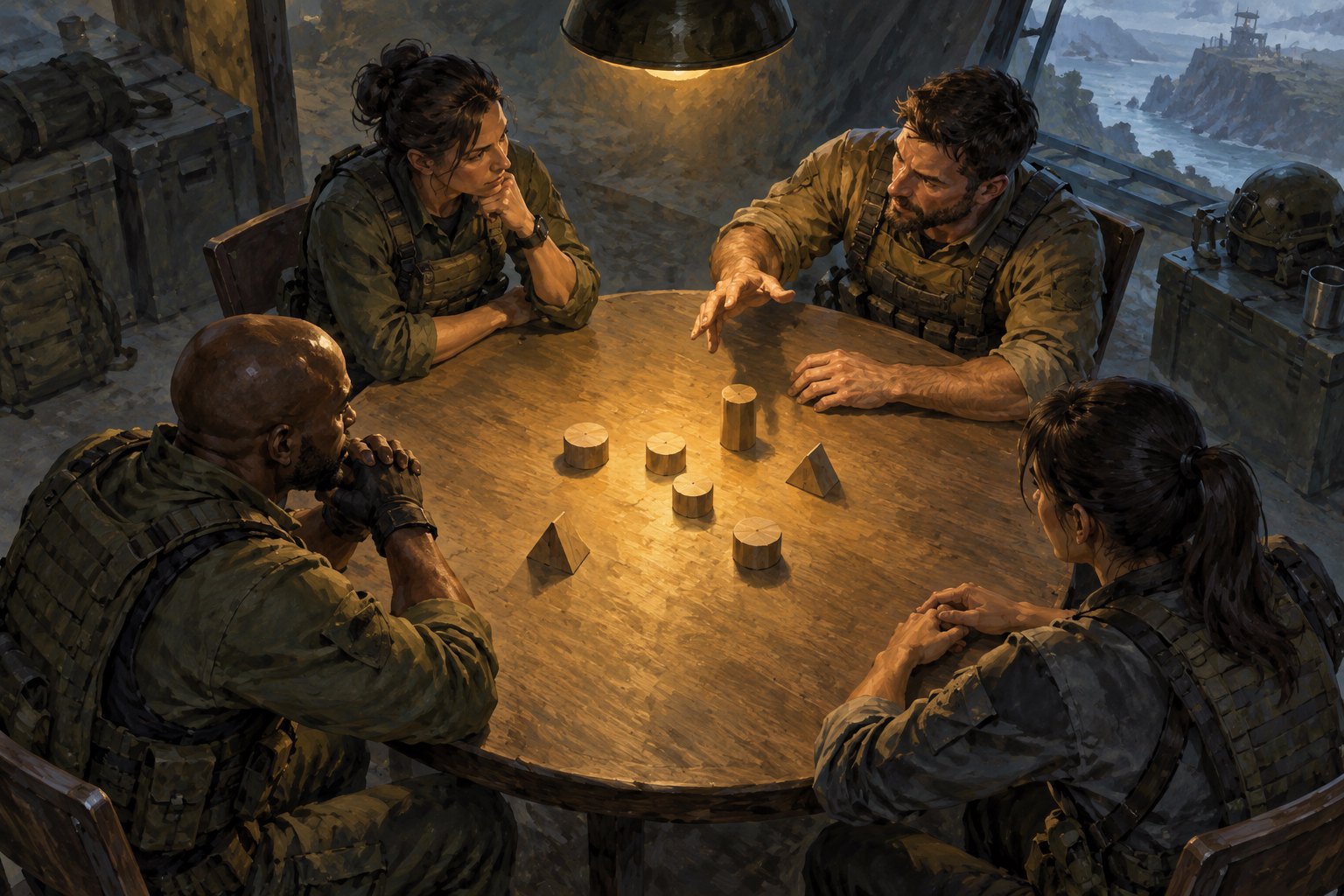 Conceptual illustration of four military teammates discussing wooden markers around a circular table.