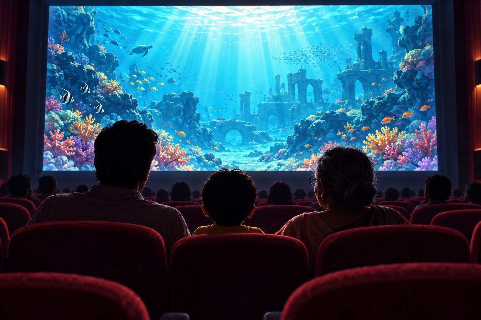 Conceptual illustration of three generations watching a luminous underwater landscape on a cinema screen.