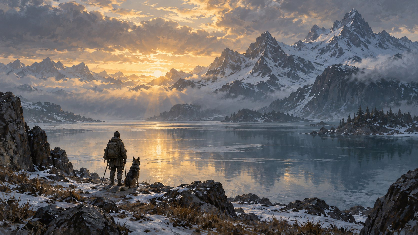旅人與牧羊犬並肩望向晨光中的群山湖泊,象徵孤寂與陪伴的原創意象插畫,非電影劇照