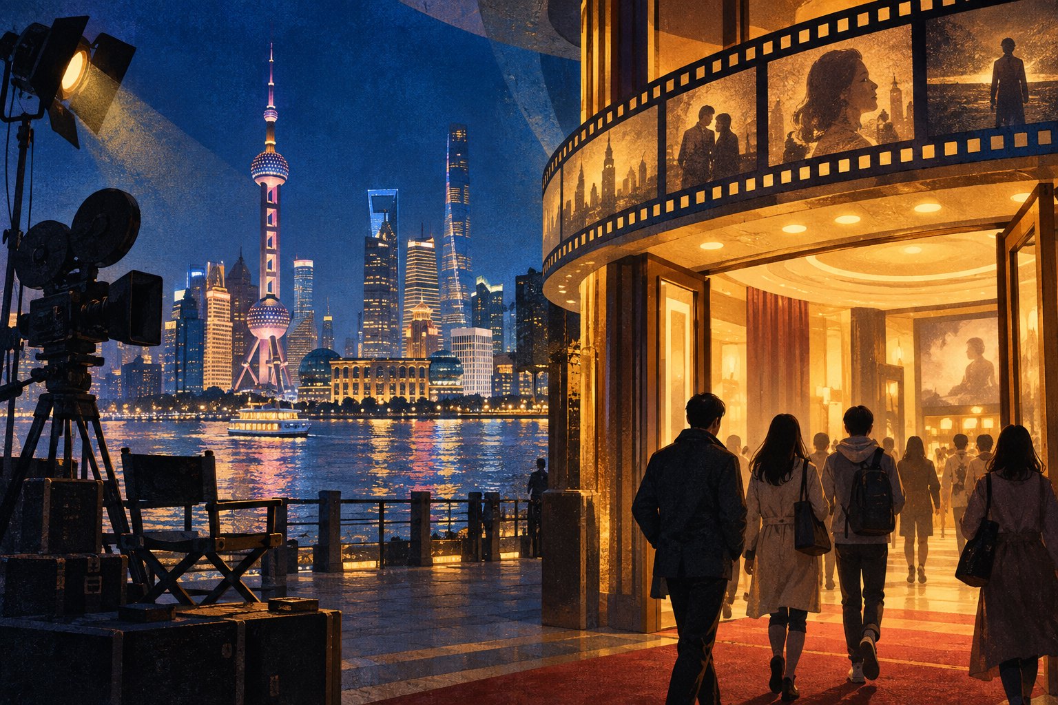 上海滨水天际线与暖光影院入口相映,观众走向影院的原创插画