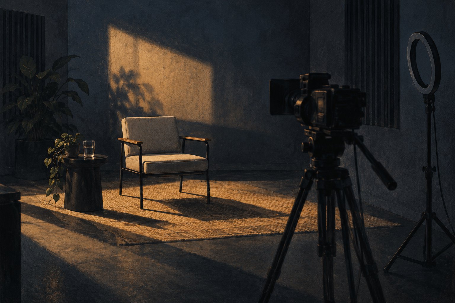 Concept illustration, not a film still, of an empty interview chair facing a tripod-mounted camera beside an unlit ring light.