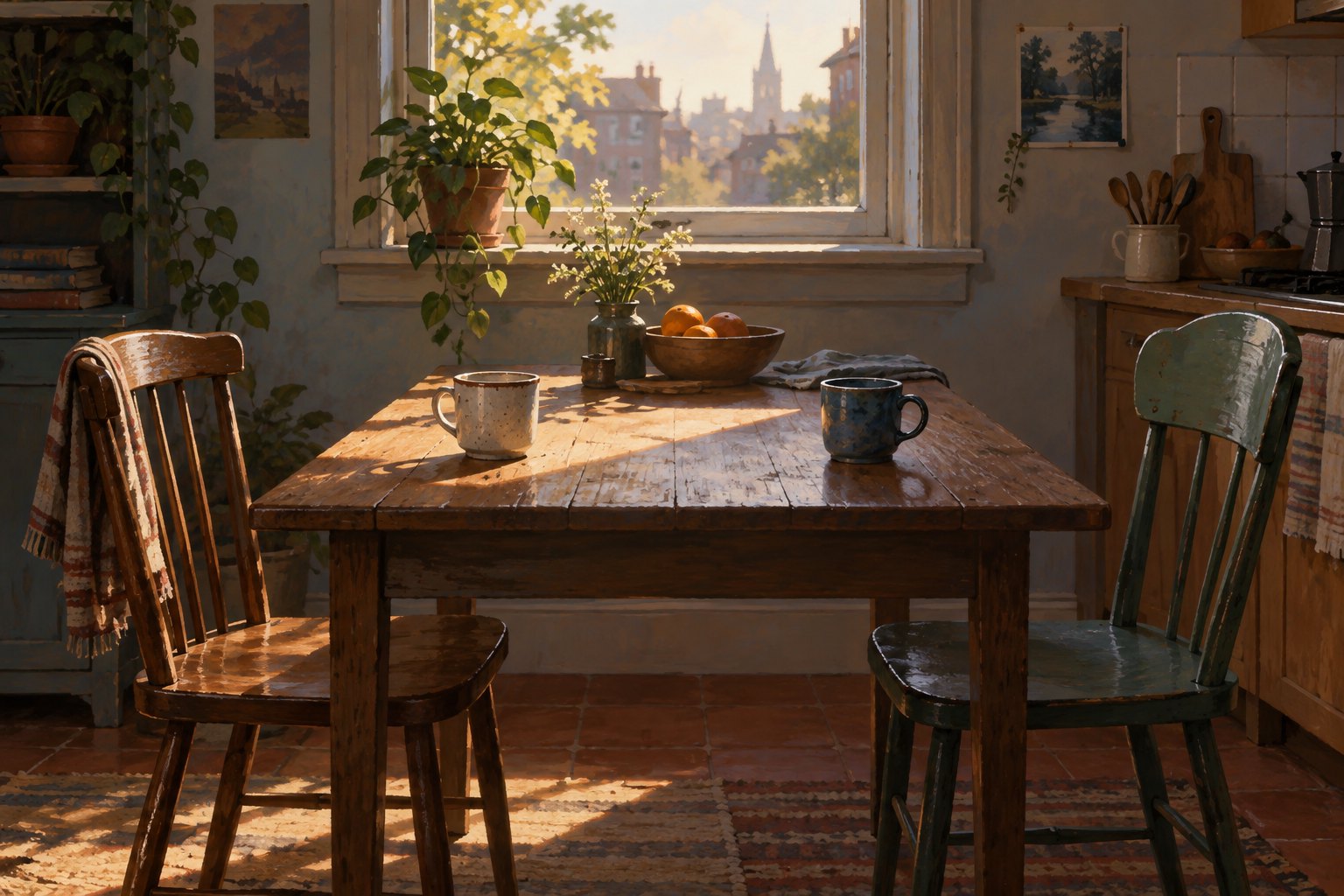 Conceptual illustration of two empty chairs and ceramic cups at a sunlit kitchen table, suggesting lives beyond the central action.