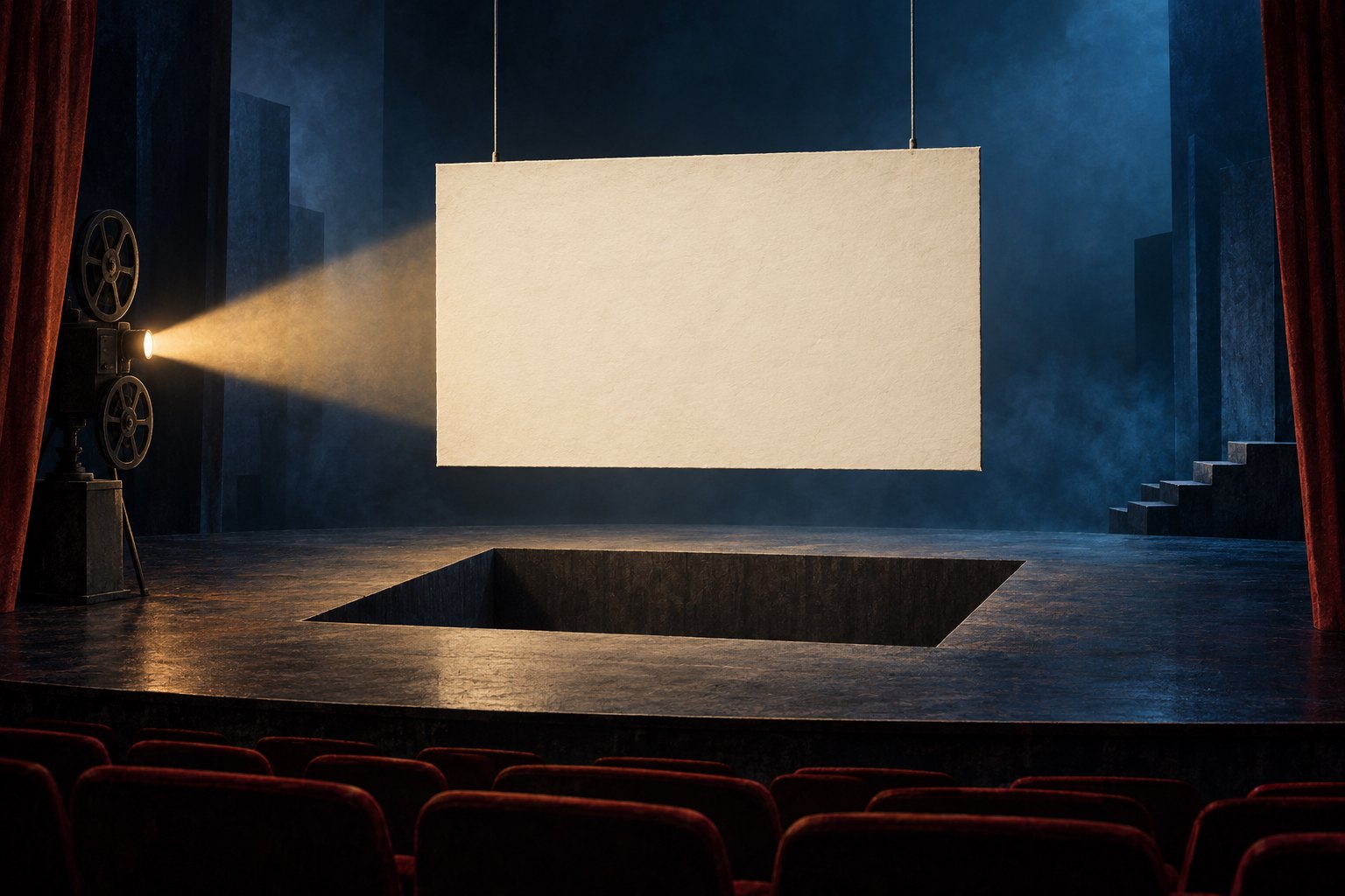 Conceptual illustration of a blank movie title card above a dark stage with a rectangular excavation and a projector beam.