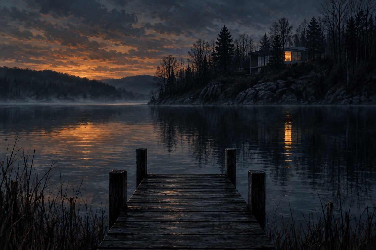 Atmospheric illustration of an empty jetty extending into a dark lake beside a secluded house at dusk.