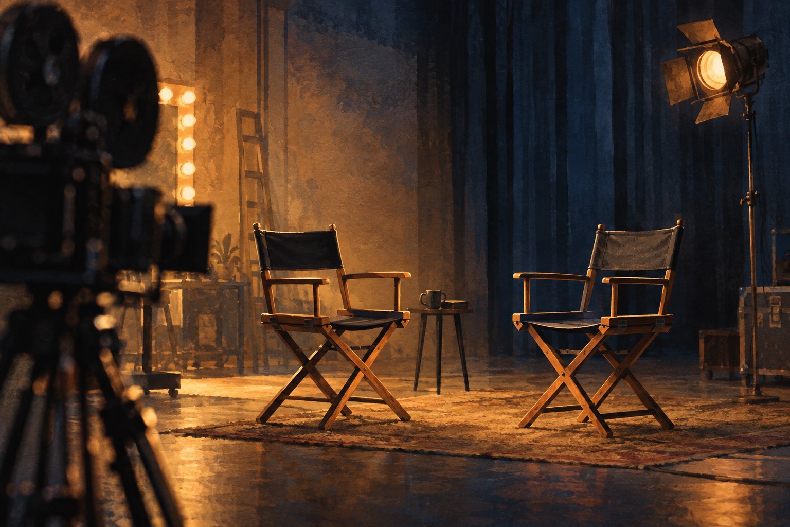 Painterly illustration of two empty rehearsal chairs beside a movie camera under warm studio lights.