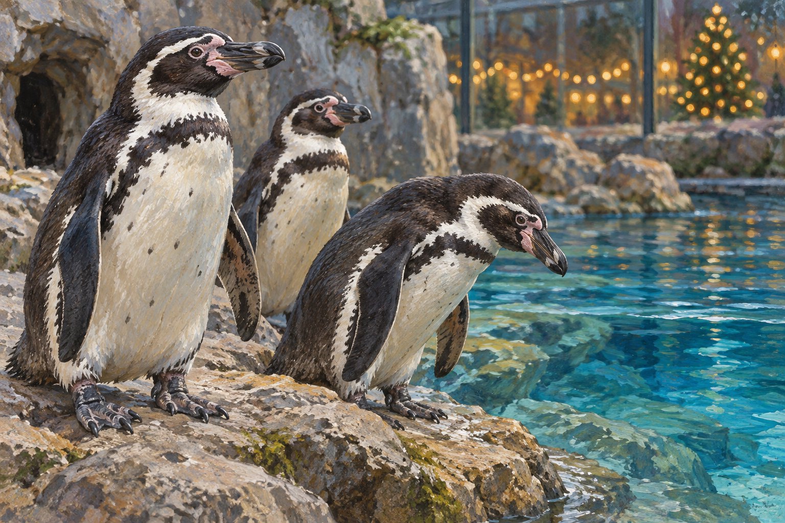 Concept illustration of three Humboldt penguins beside a rocky pool, with warm holiday lights glowing beyond the habitat.