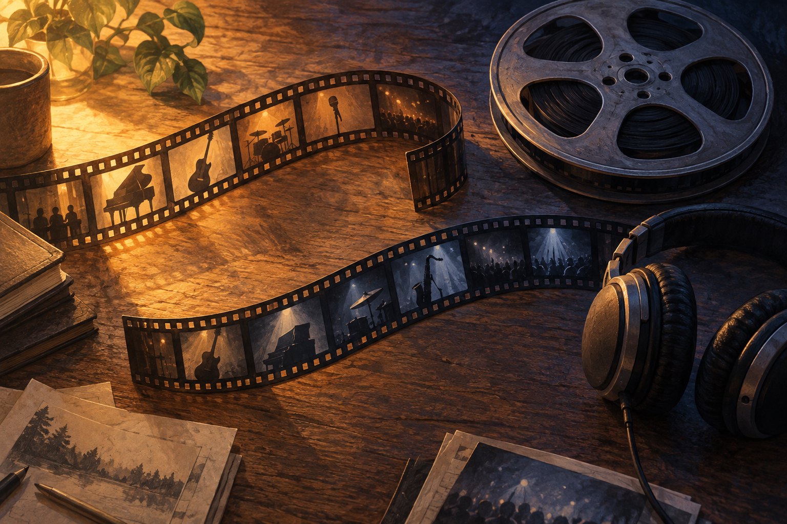 Illustration of curling film strips, a metal reel, and headphones on a wooden desk lit in amber and blue.