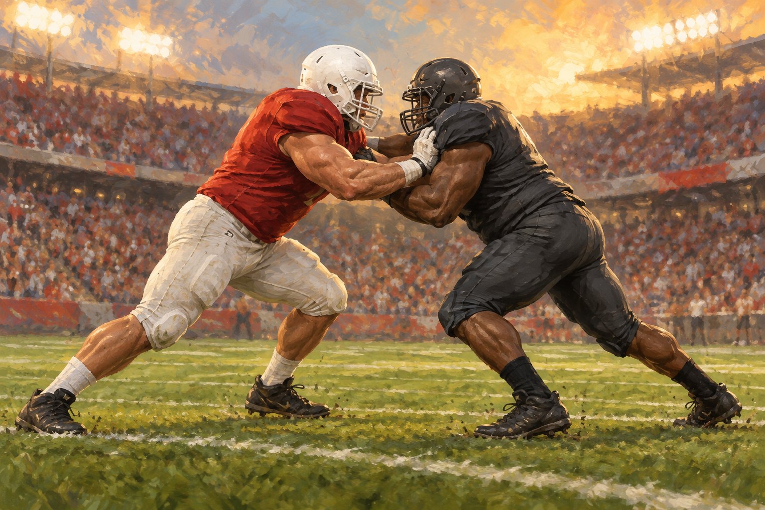 Conceptual illustration of a football player in red blocking an opponent in charcoal under warm stadium lights.