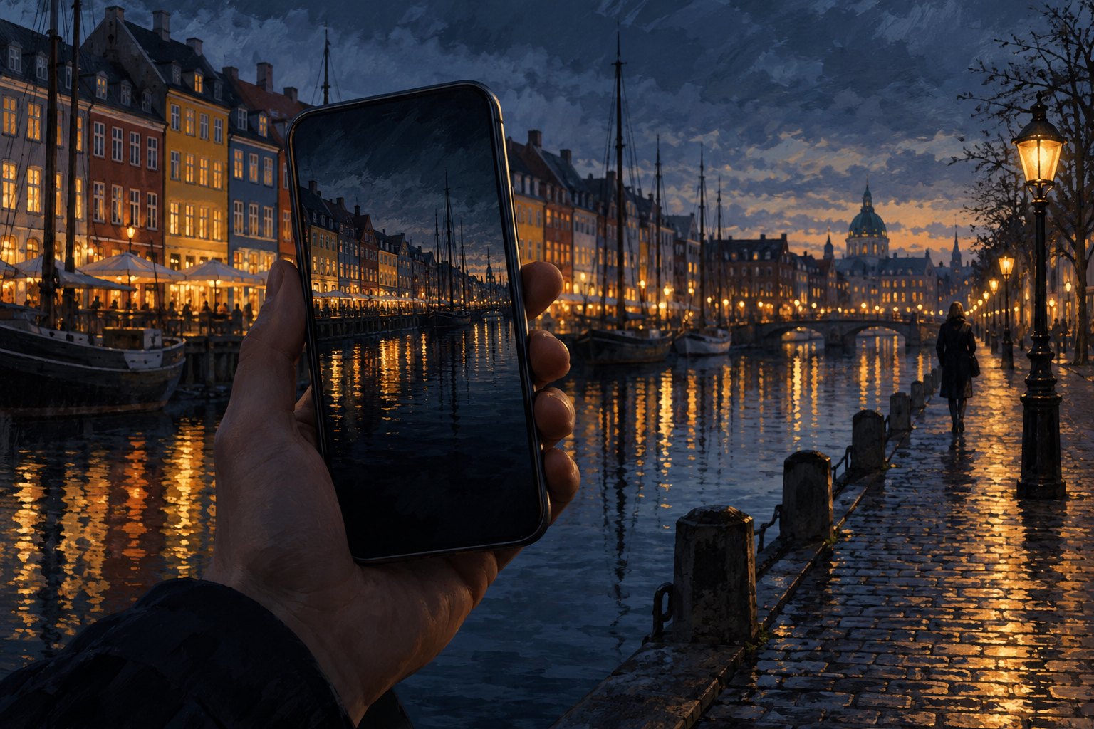 Concept illustration of a hand holding a smartphone beside a Copenhagen-inspired canal at dusk, with a lone pedestrian on the waterfront.