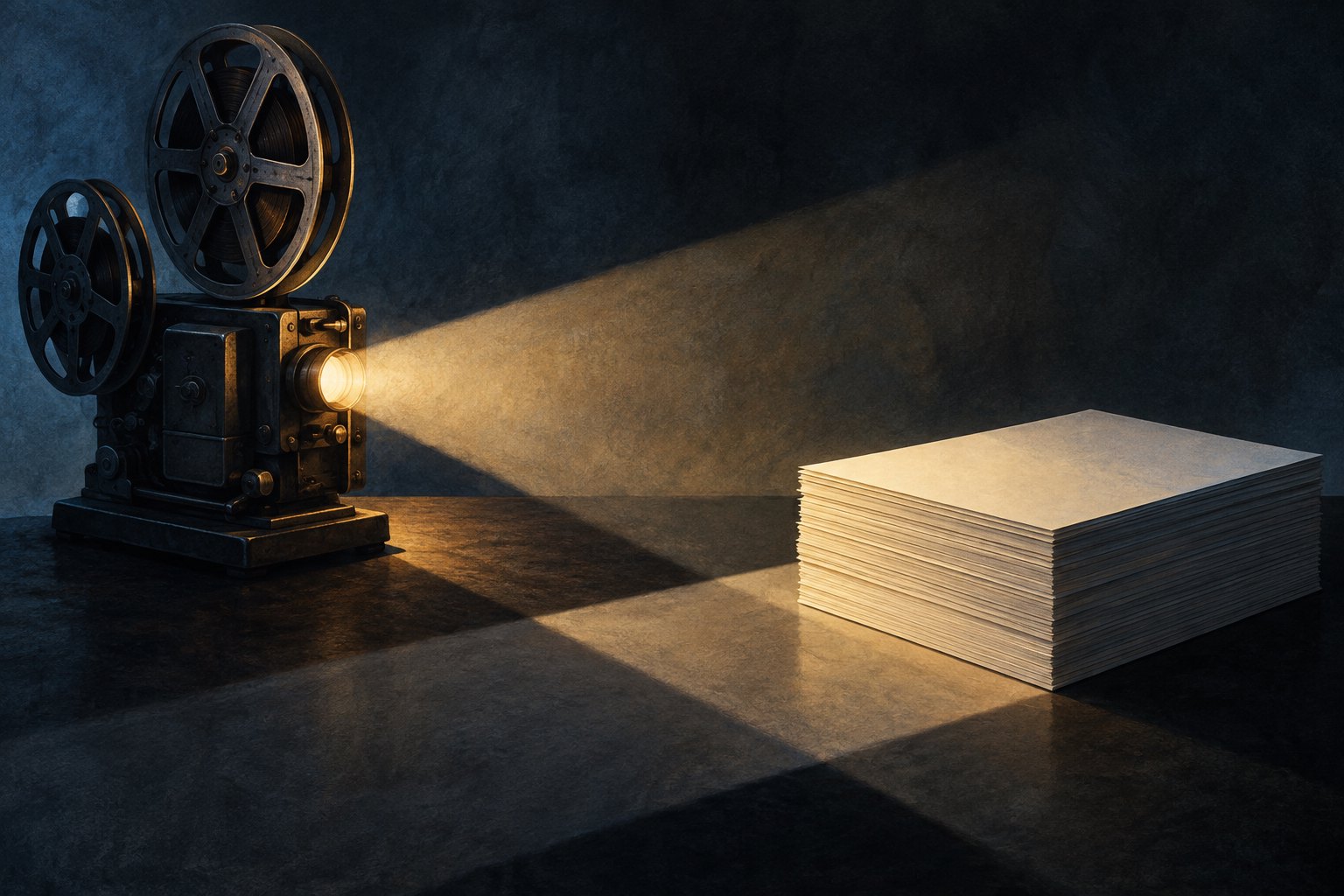 Conceptual illustration of a film projector casting warm light beside a stack of blank papers on a dark table.
