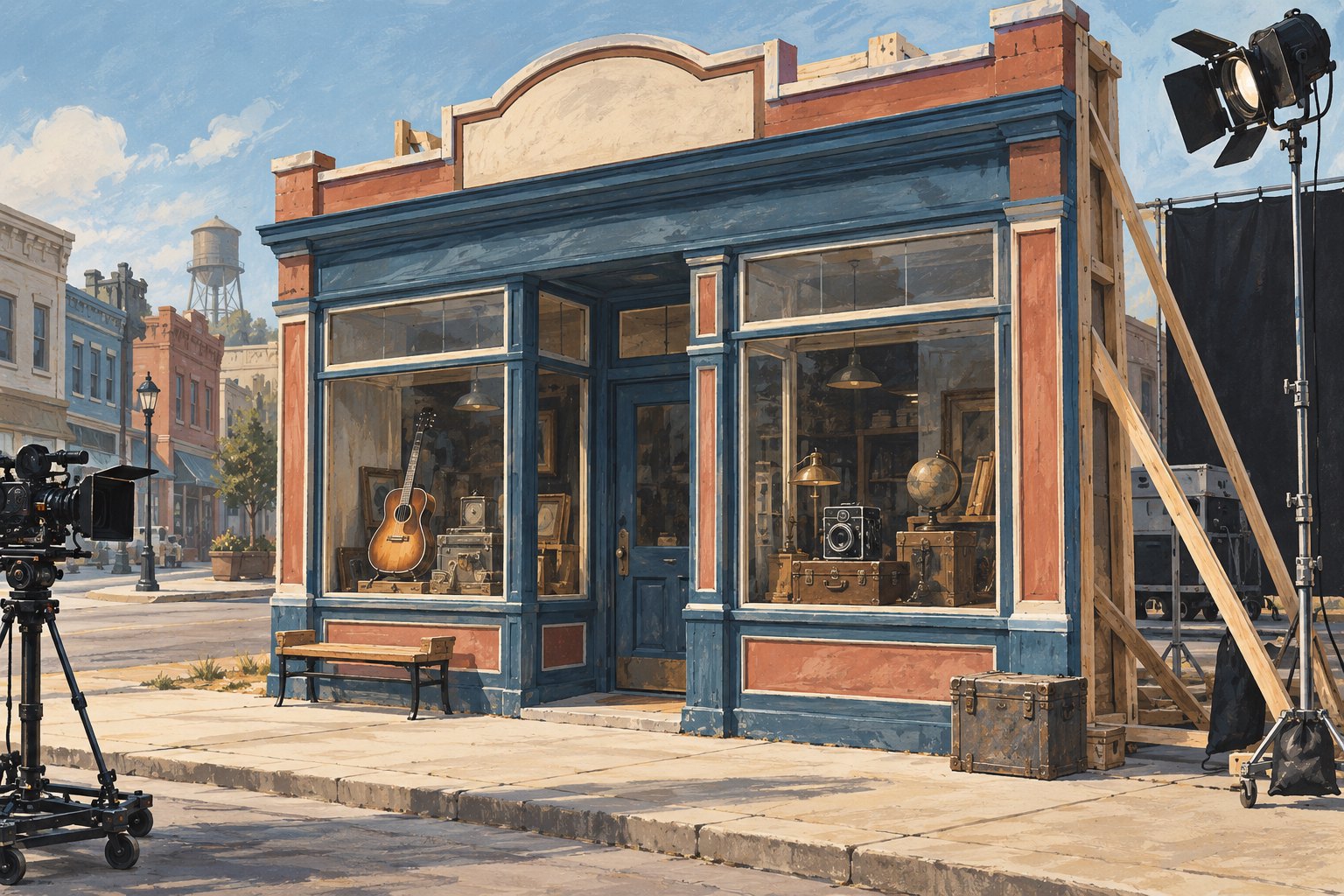 Conceptual illustration of a pawn shop film facade with display objects, exposed wooden supports, a movie camera, and studio lighting.