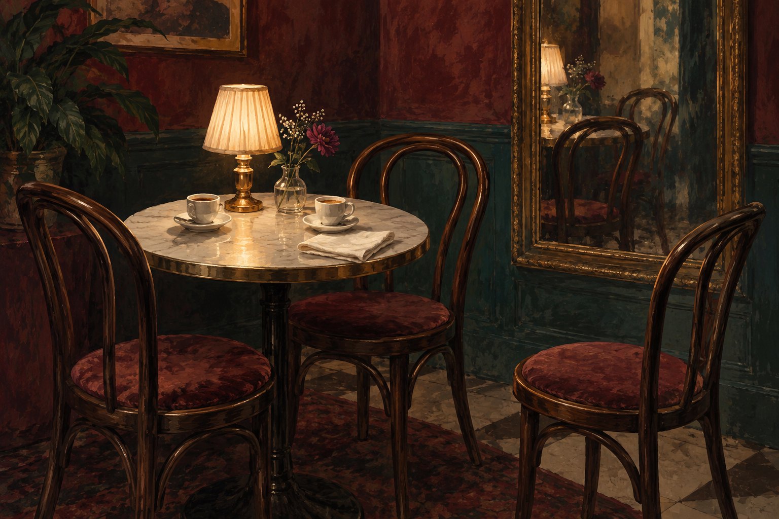 Conceptual illustration of two coffee cups and three empty chairs beside a cafe mirror, suggesting an interrupted conversation.