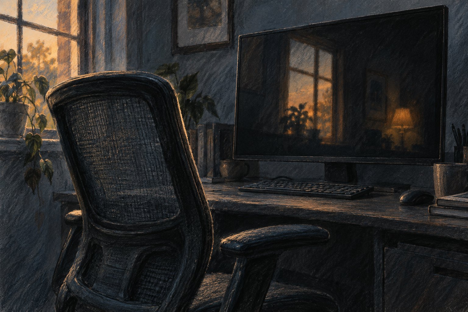Conceptual illustration of an empty office chair beside a dark computer monitor reflecting a warmly lit window.