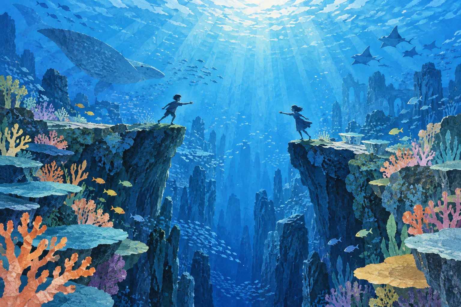Conceptual illustration of two figures reaching toward each other across a coral-lined underwater chasm.