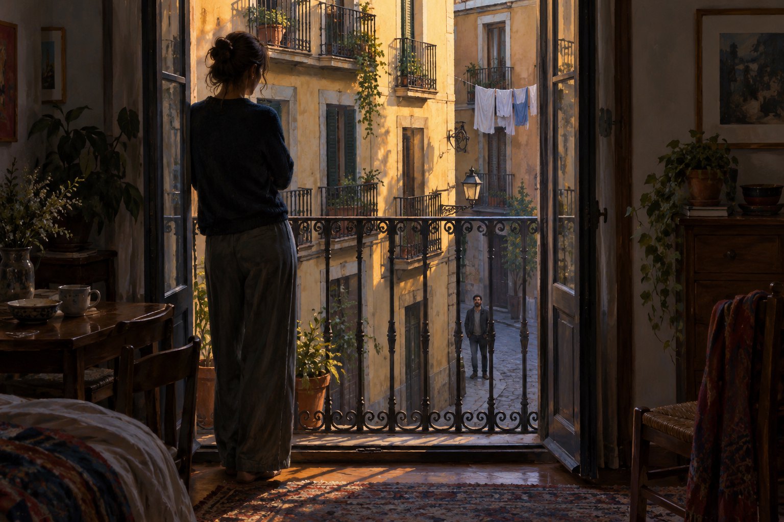 Editorial illustration of a woman at an apartment balcony looking toward a man waiting on a narrow Madrid-inspired street.