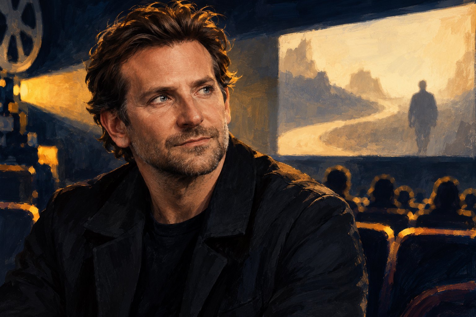 Editorial illustration of Bradley Cooper in a dark jacket with an amber-lit movie theater and screen behind him.