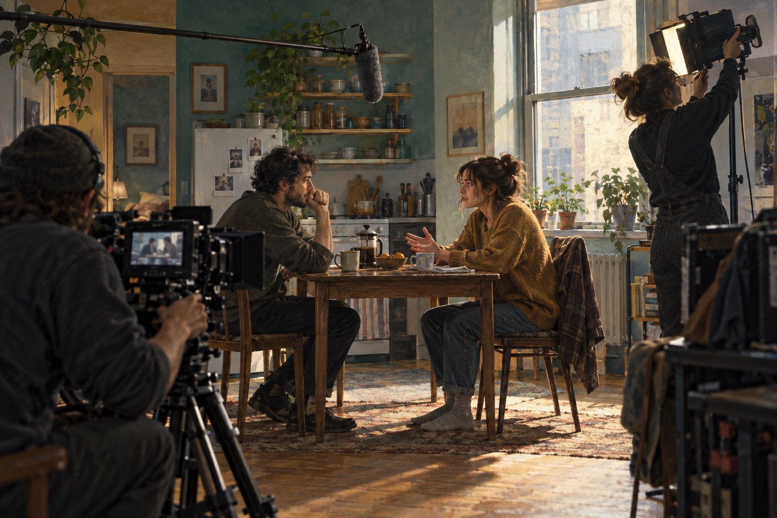Illustration of two actors rehearsing a kitchen-table conversation while a small film crew records the scene.