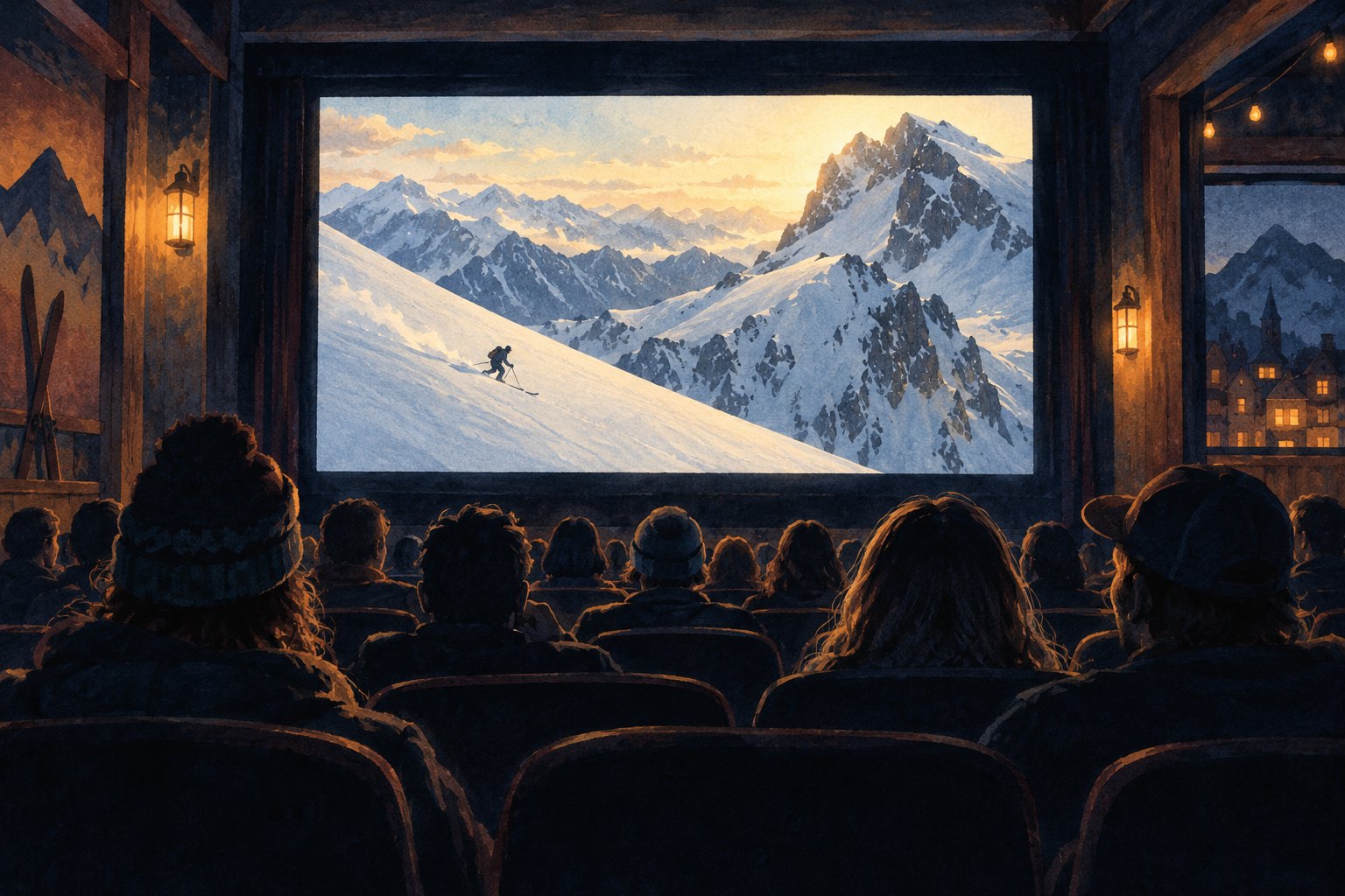 Editorial illustration of an audience watching a skier cross a snowy mountain on a large cinema screen.