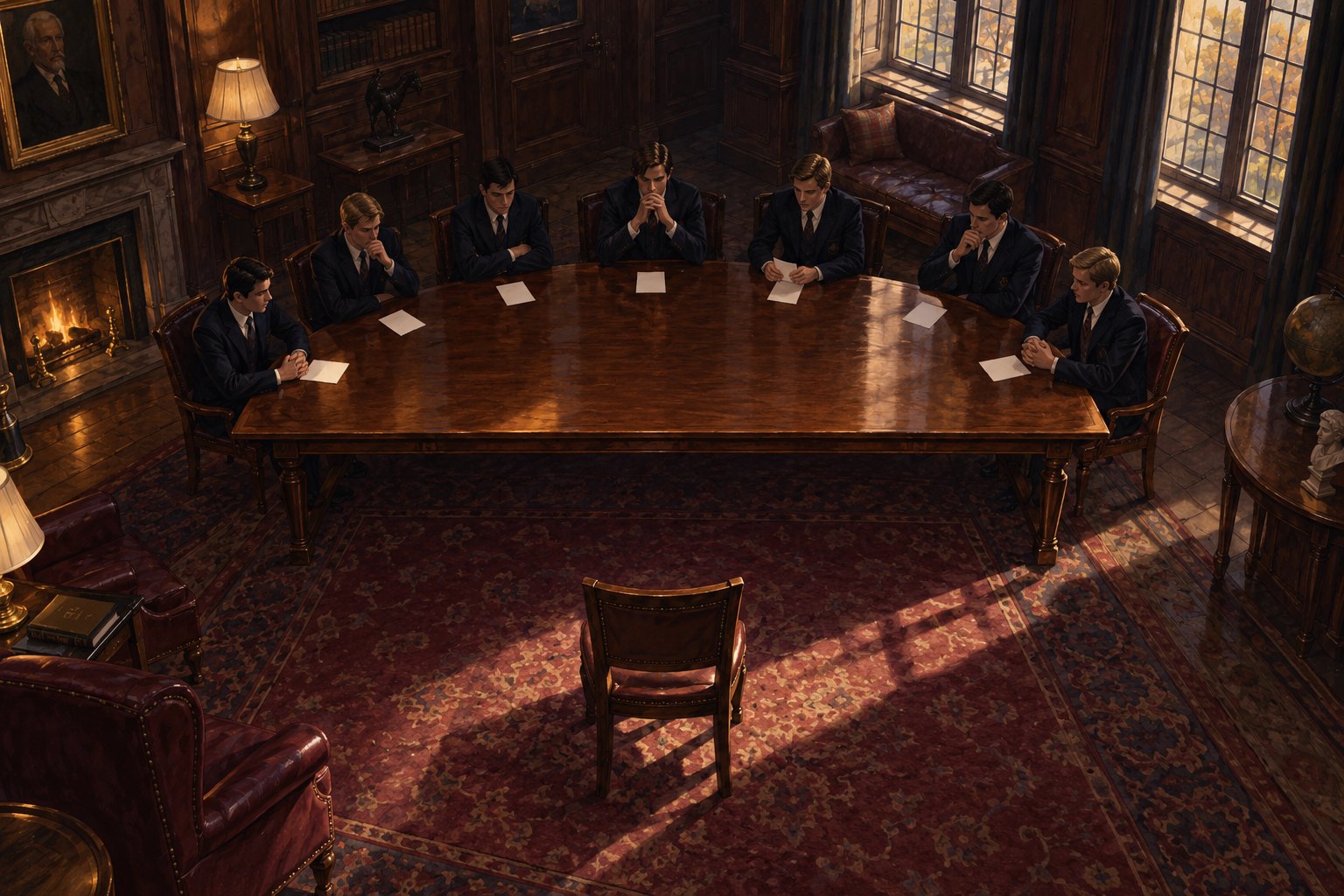 Editorial illustration of prep-school students gathered around a table with ballot papers and an empty chair in the foreground.